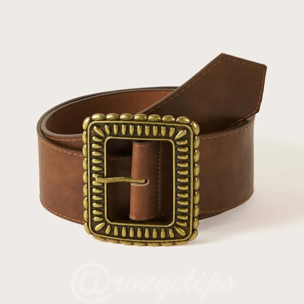 Brown PU Leather Belt Yellow Buckle Wide